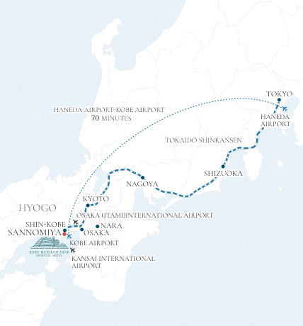 ホテルへのアクセスマップです。神戸空港、関西国際空港などが近くあり、羽田空港から70分の位置に当ホテルはございます。